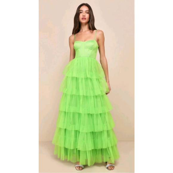 Lulus Dresses & Skirts - NWT $128 Lulus Rule the Runway Lime Green Tulle Tiered Maxi Dress Womens L